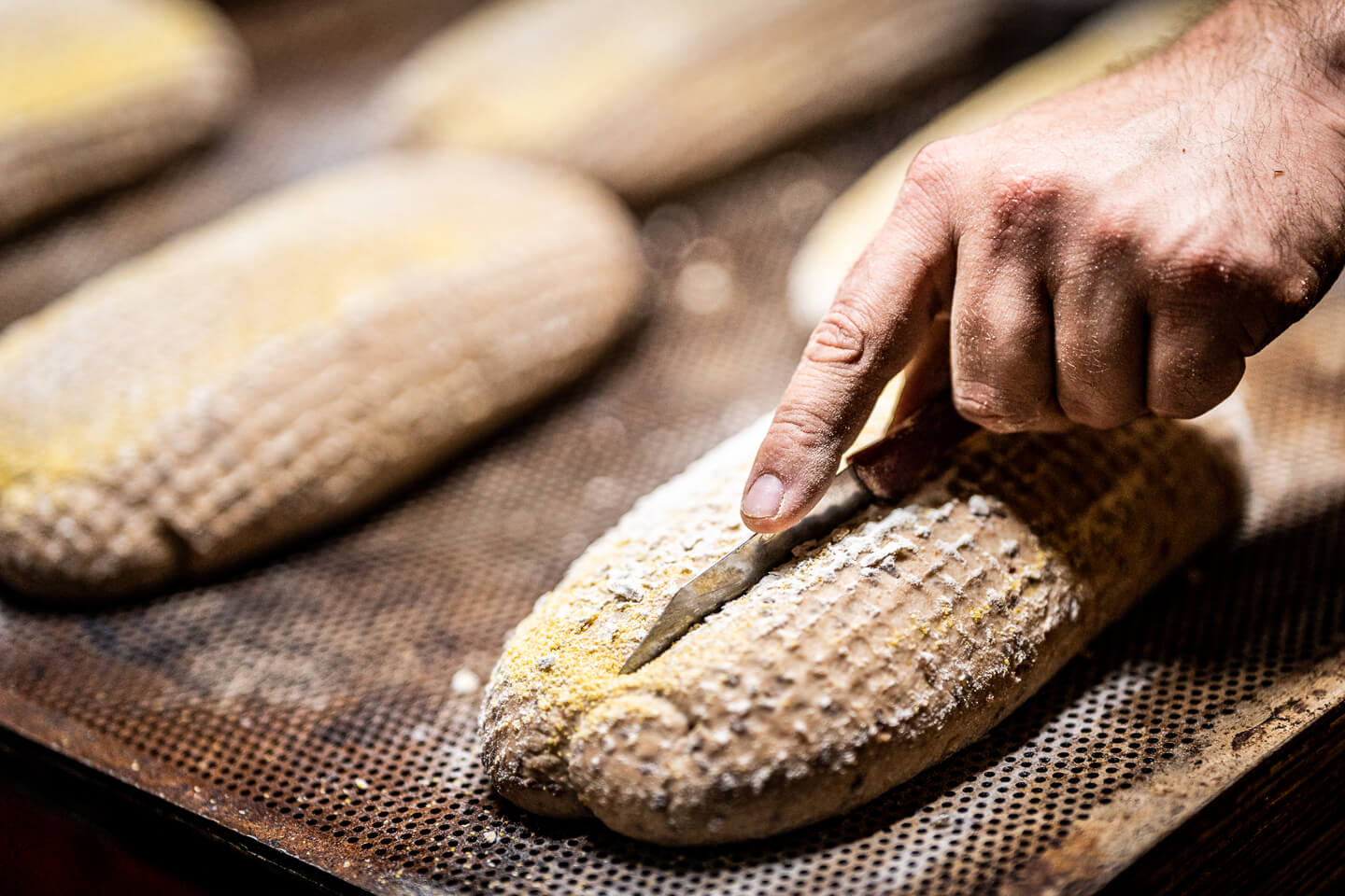 Brot einschneiden. Detailfoto eines Fotoreports