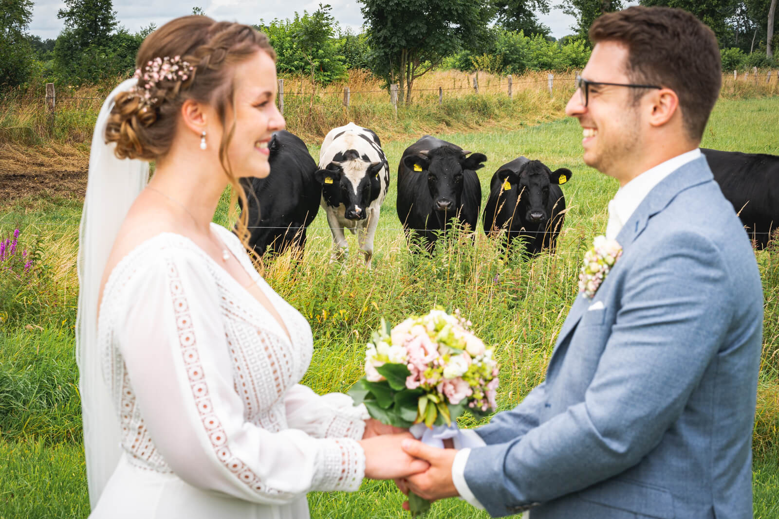 Lustiges Hochzeitsfoto mit Kühen.